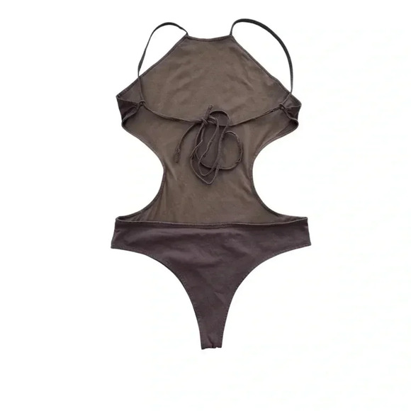 Mocha Brown Bodysuit Backless Side Cut Out TOBI Medium Strappy Low Back Halter - Picture 3 of 14
